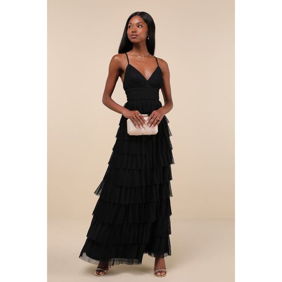 Lulus Radiant Event Black Mesh Tiered Pleated Backless Maxi Dress - Picture 1 of 14